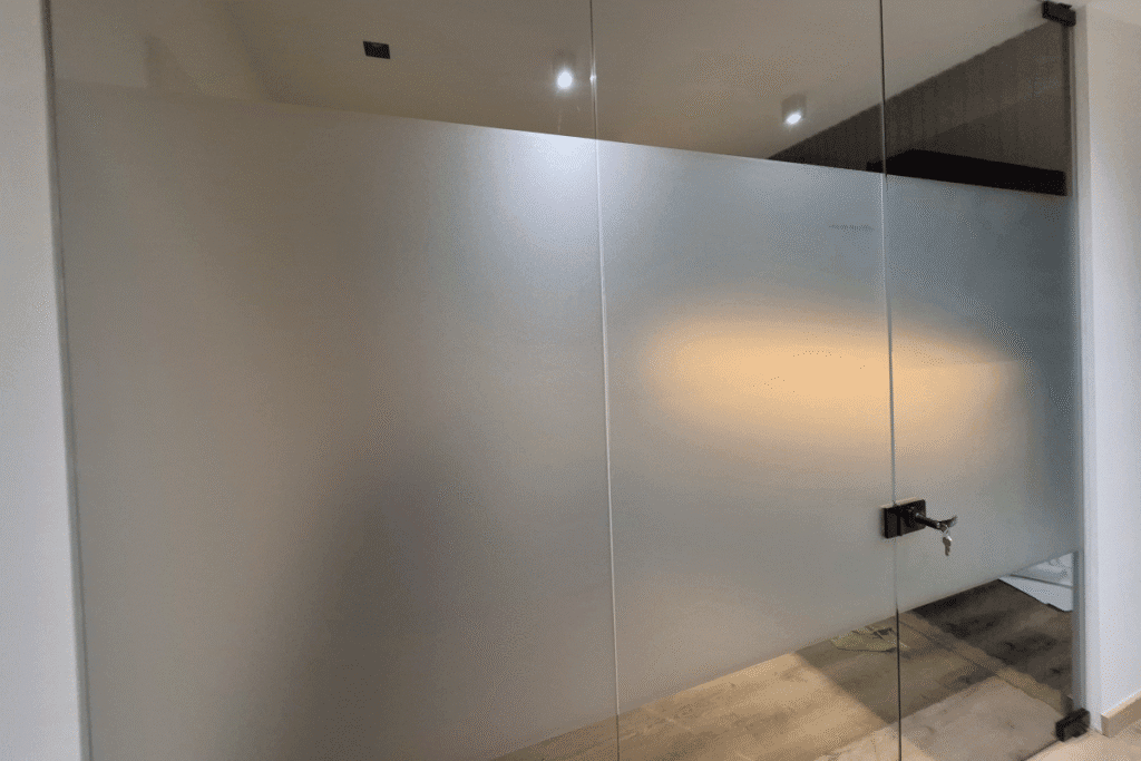 Aplicação de vinil fosco em vidro para privacidade e design moderno