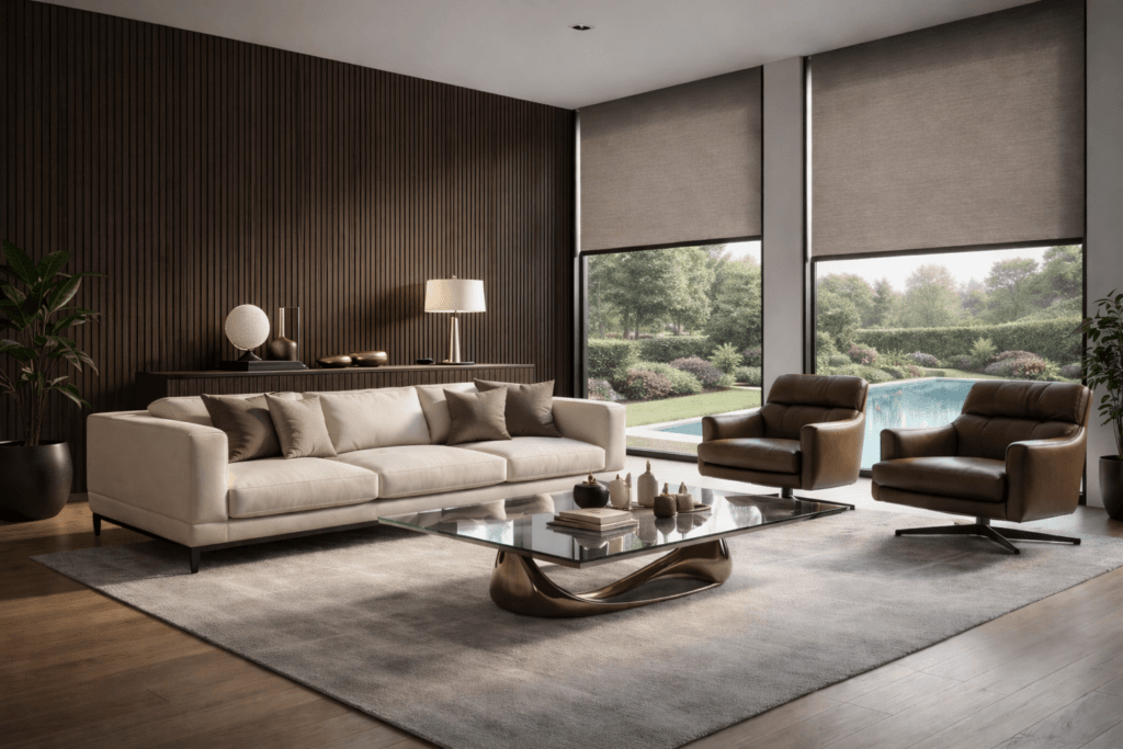 Estores de rolo modernos em sala elegante com controlo de luz natural