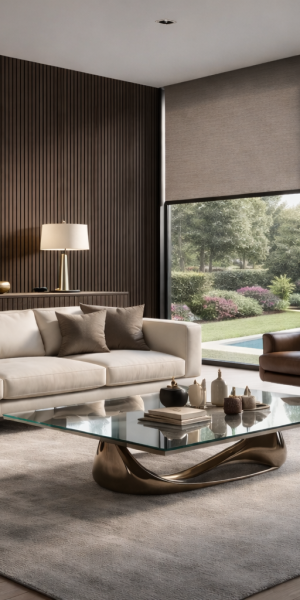 Estores de rolo modernos em sala elegante com controlo de luz natural