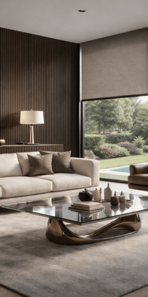 Estores de rolo modernos em sala elegante com controlo de luz natural